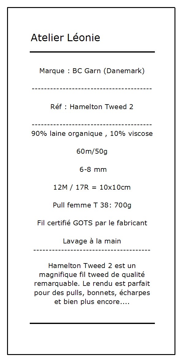 Hamelton Tweed 2 est un magnifique fil tweed de qualité remarquable. Le rendu est parfait pour des pulls, bonnets, écharpes et bien plus encore....