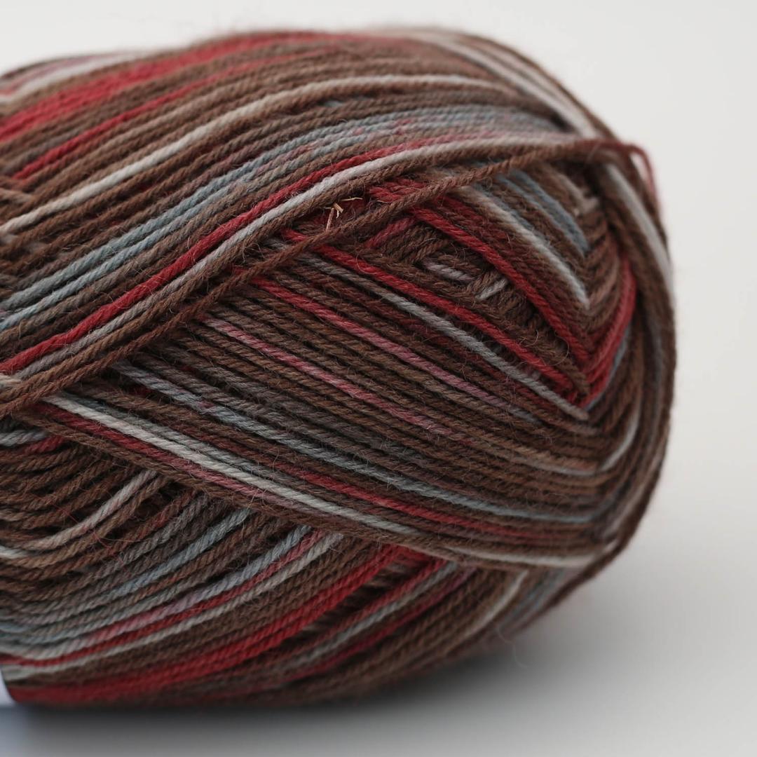 écheveau de laine Sock & More 4ply Arne & Carlos Storjuvtinden Color, dégradé brun, gris et rouge brique à effet rayures automatiques