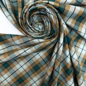Tweed coton italien à carreaux vert, bleu clair et caramel, 155 g/m², 152 cm, non extensible