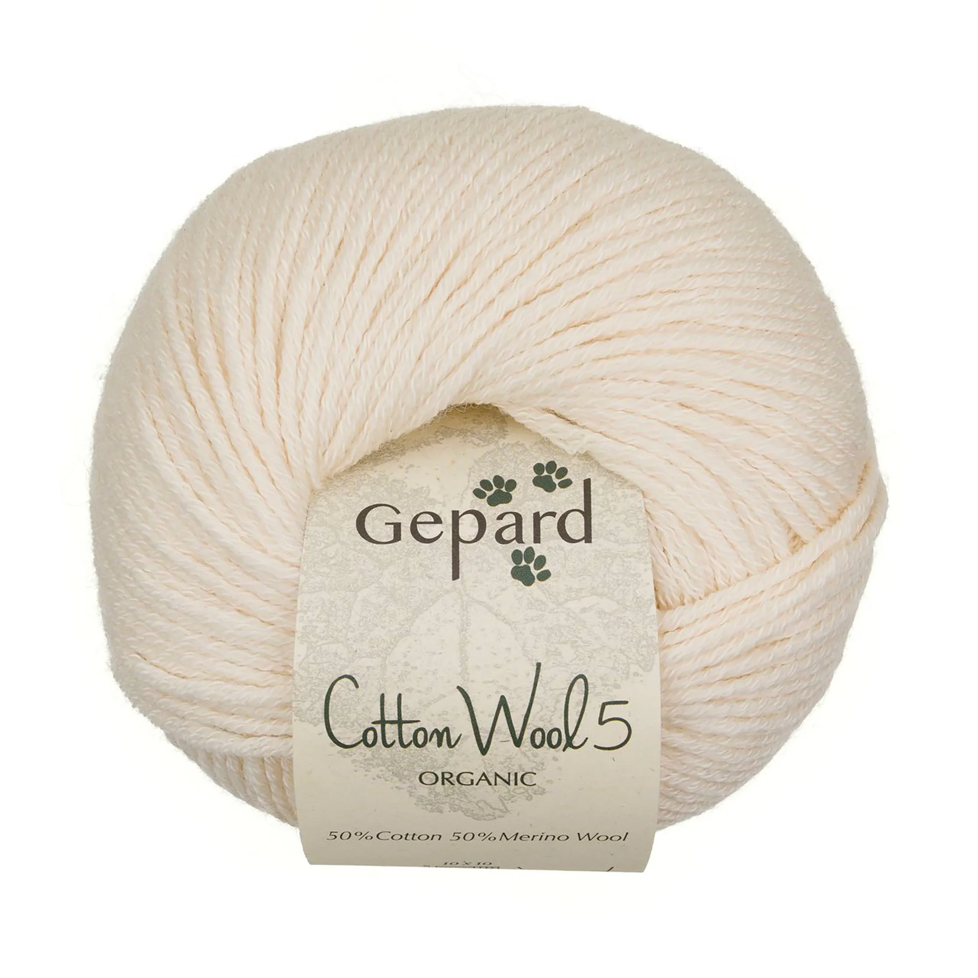 Pelote de laine Gepard CottonWool 5 Organic 101 Cream, fil aran crème en coton biologique et mérinos extrafine, chez Atelier Léonie