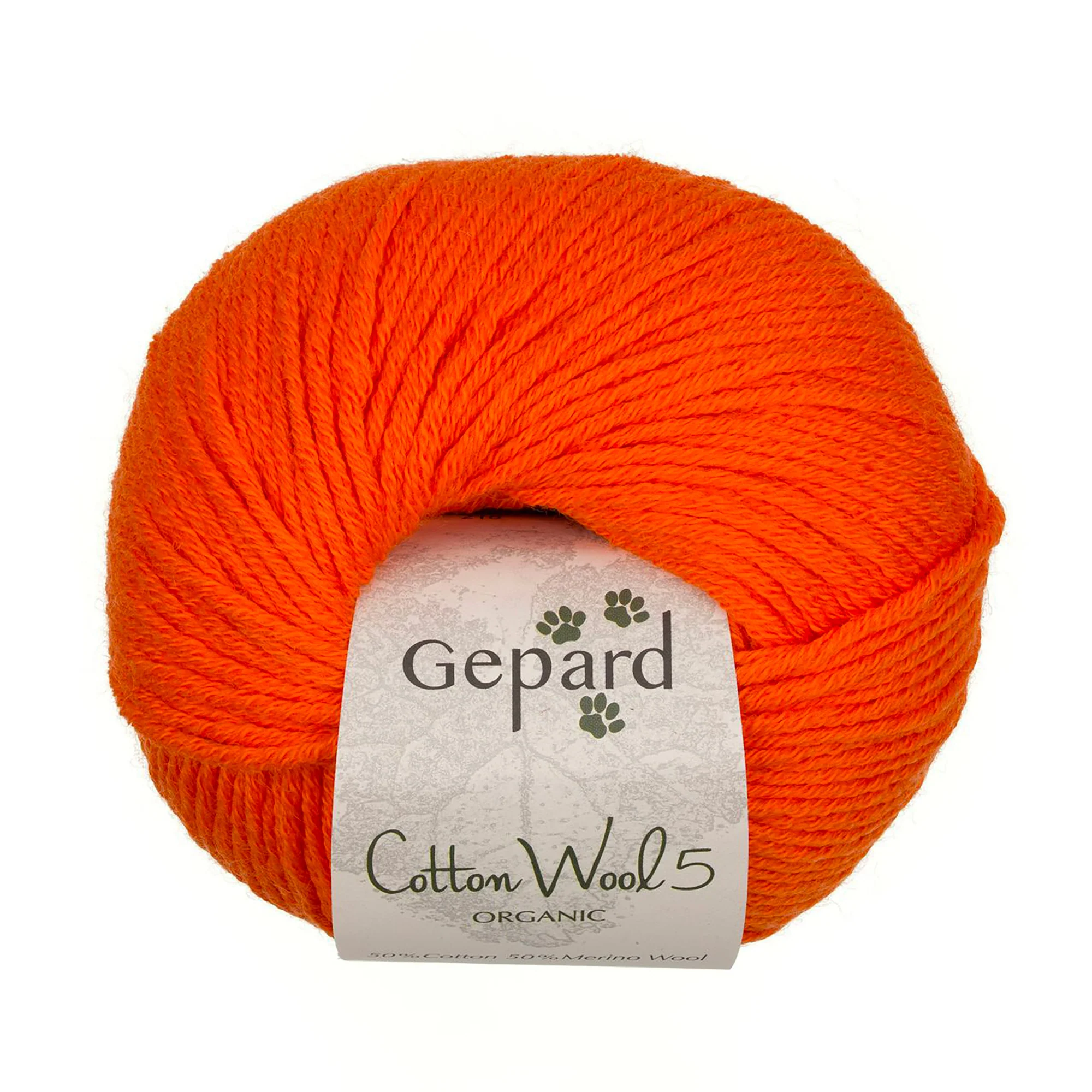 Pelote de laine Gepard CottonWool 5 Organic 218 Sun Kiss, fil aran orange en coton biologique et mérinos extrafine, chez Atelier Léonie