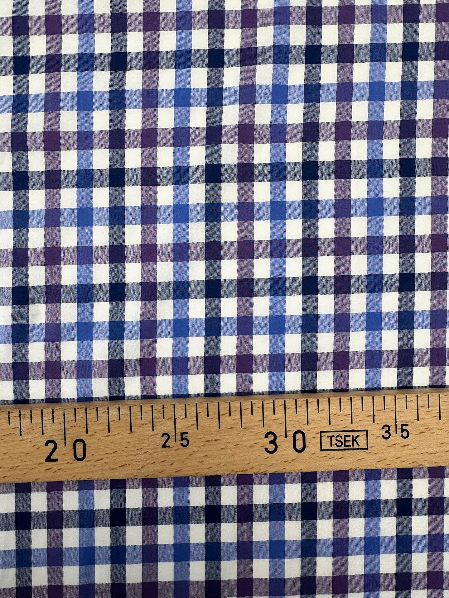 Tissu Popeline Carreaux Oxford en coton bleu violet écru, deadstock italien pour chemise et blouse