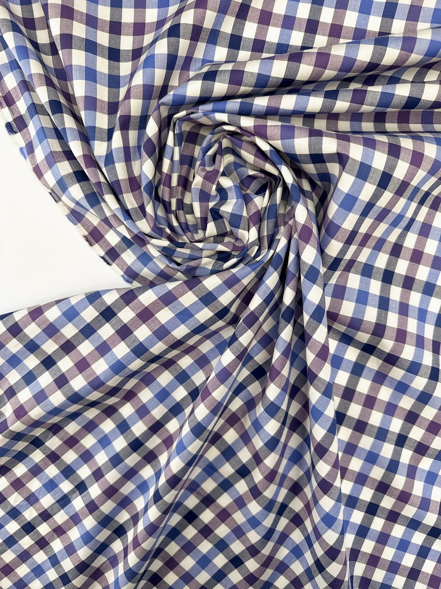Tissu Popeline Carreaux Oxford en coton bleu violet écru, deadstock italien pour chemise et blouse